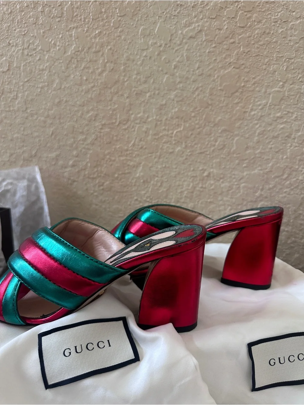 Gucci Metallic Teal and Fuchsia Crisscross Slide Mules - Picture 14 of 16